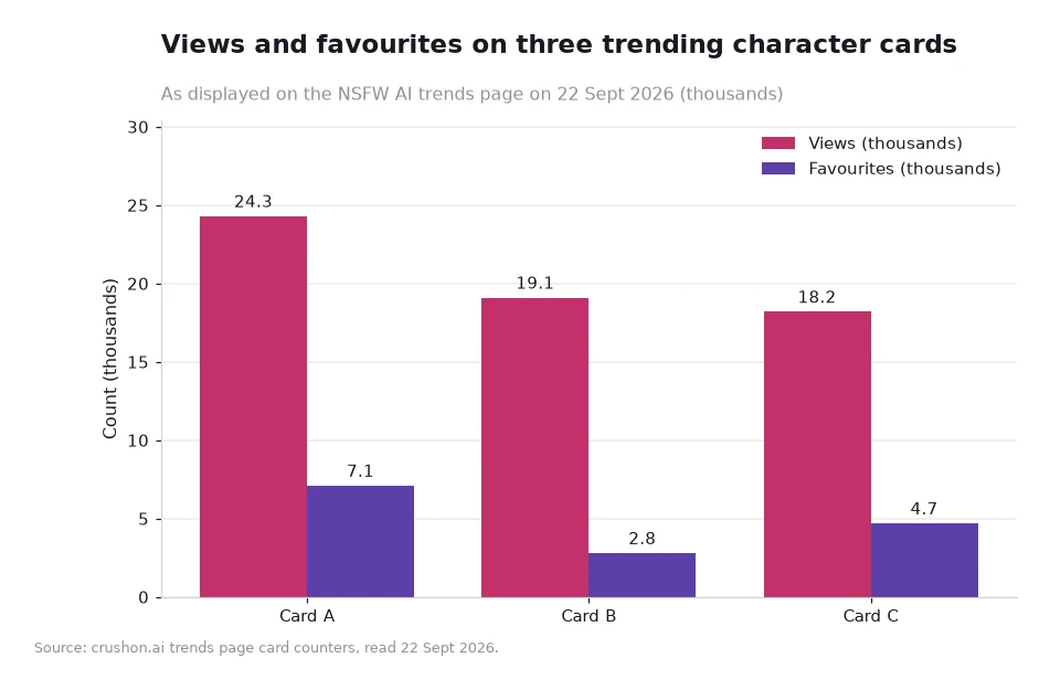 Grouped bars comparing views and favourites for three trending character cards